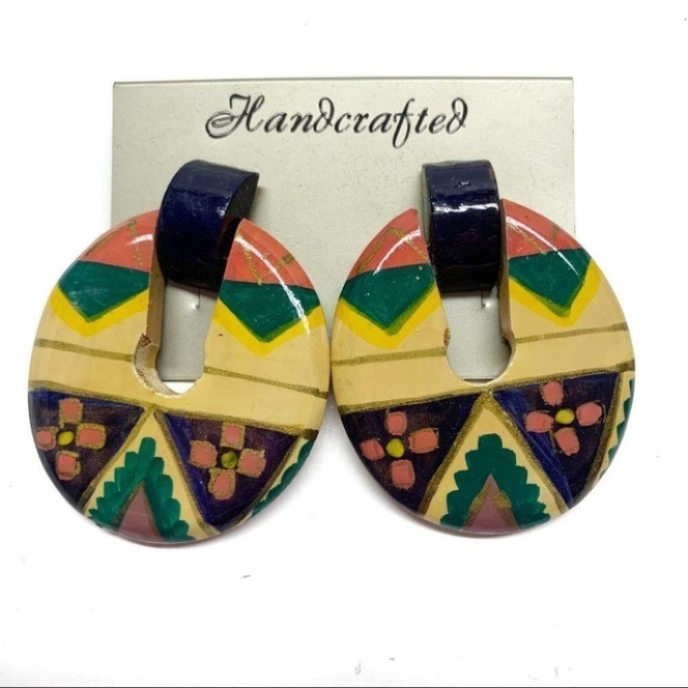 •- Vintage Wooden Multicolored Earrings Z39